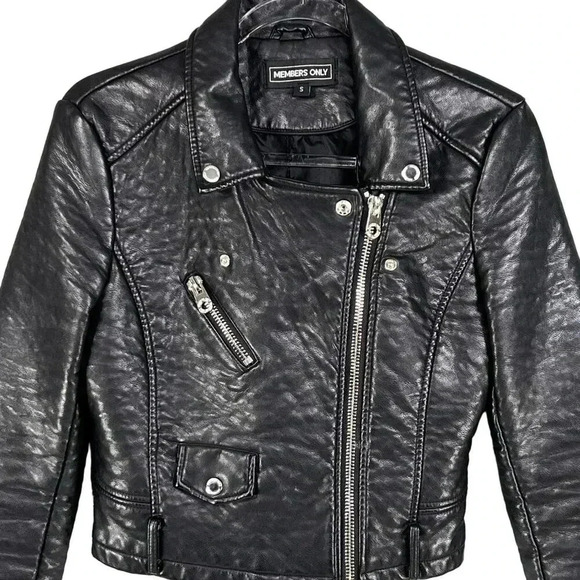Members Only Womens S Black ASYM Zip Cropped Faux Leather Bomber Moto Jacket Y2K - Picture 5 of 16